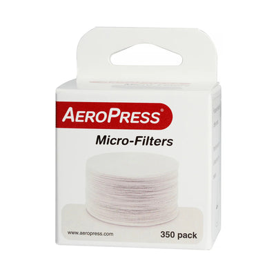 A pack of AeroPress micro filter papers for coffee makers, consisting of 350 white filter papers and a box with product branding.