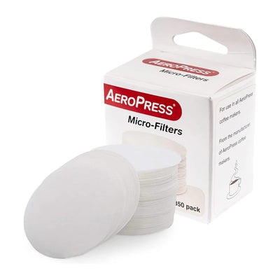 A pack of AeroPress micro filter papers for coffee makers, consisting of 350 white filter papers and a box with product branding.