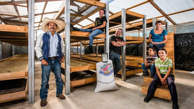 Family leaning against coffee drying beds under tarpaulin